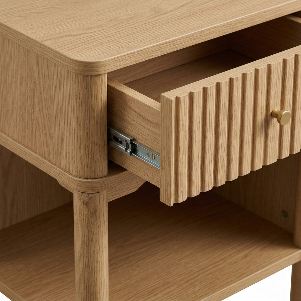 Gavro Fluted One Drawer Open Shelf Nightstand Natural Oak - Detail view