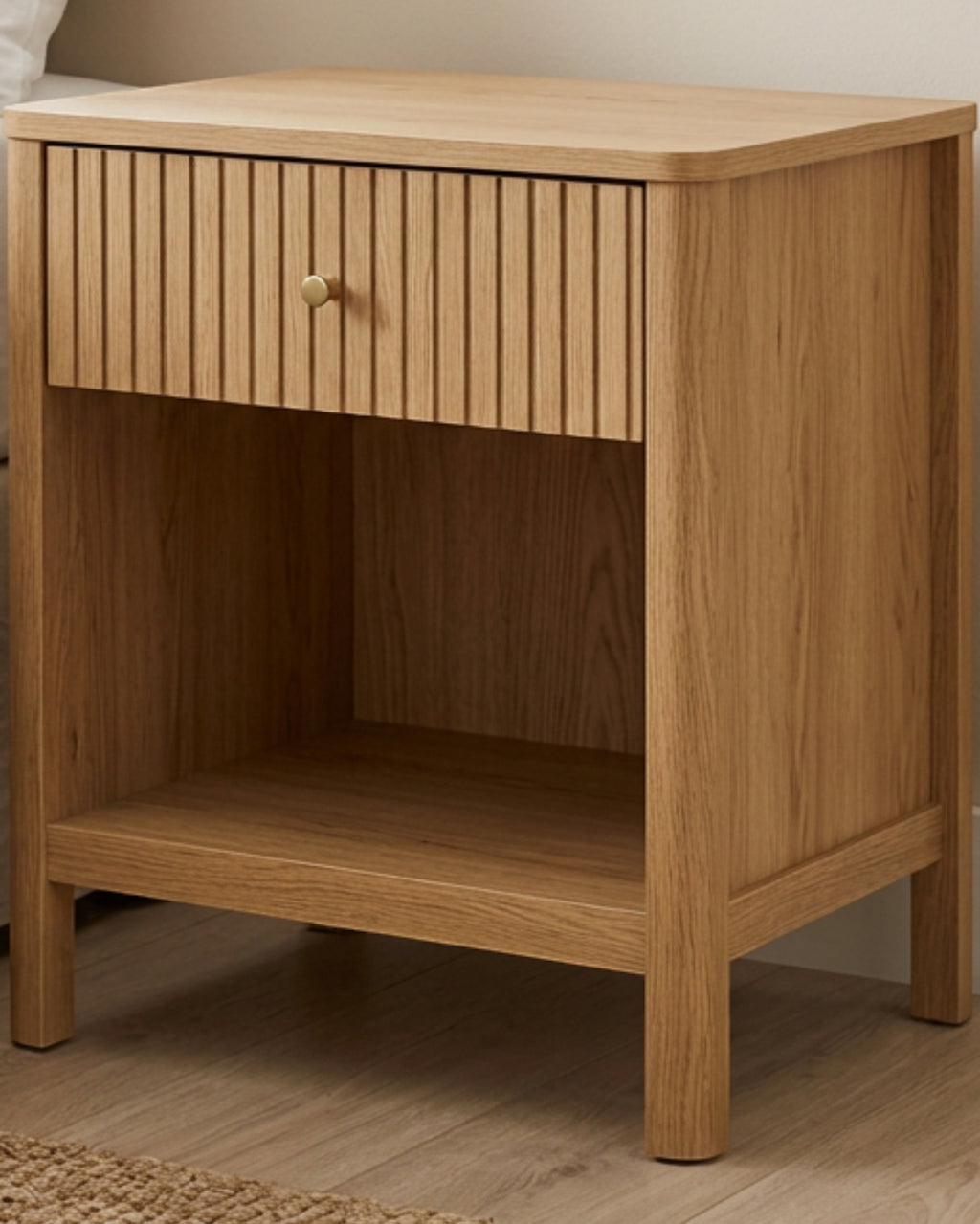 Gavro Fluted One Drawer Open Shelf Nightstand Natural Oak - Lifestyle view