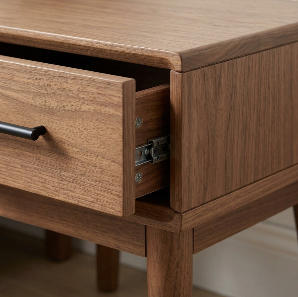 Gavro Two Drawer Walnut Nightstand Black Pulls - Detail view