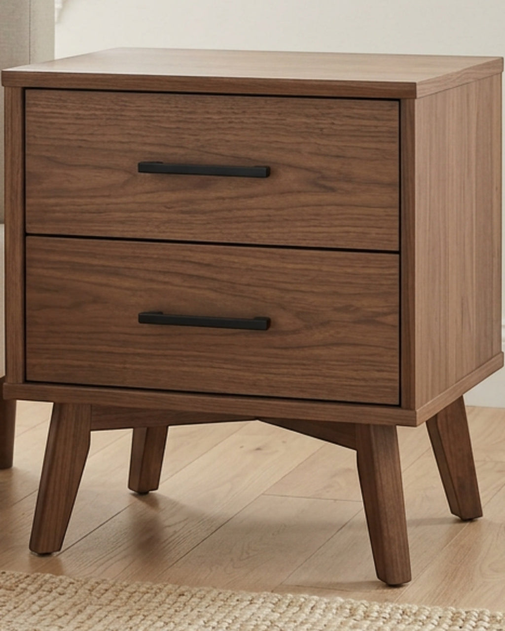 Gavro Two Drawer Walnut Nightstand Black Pulls - Lifestyle view