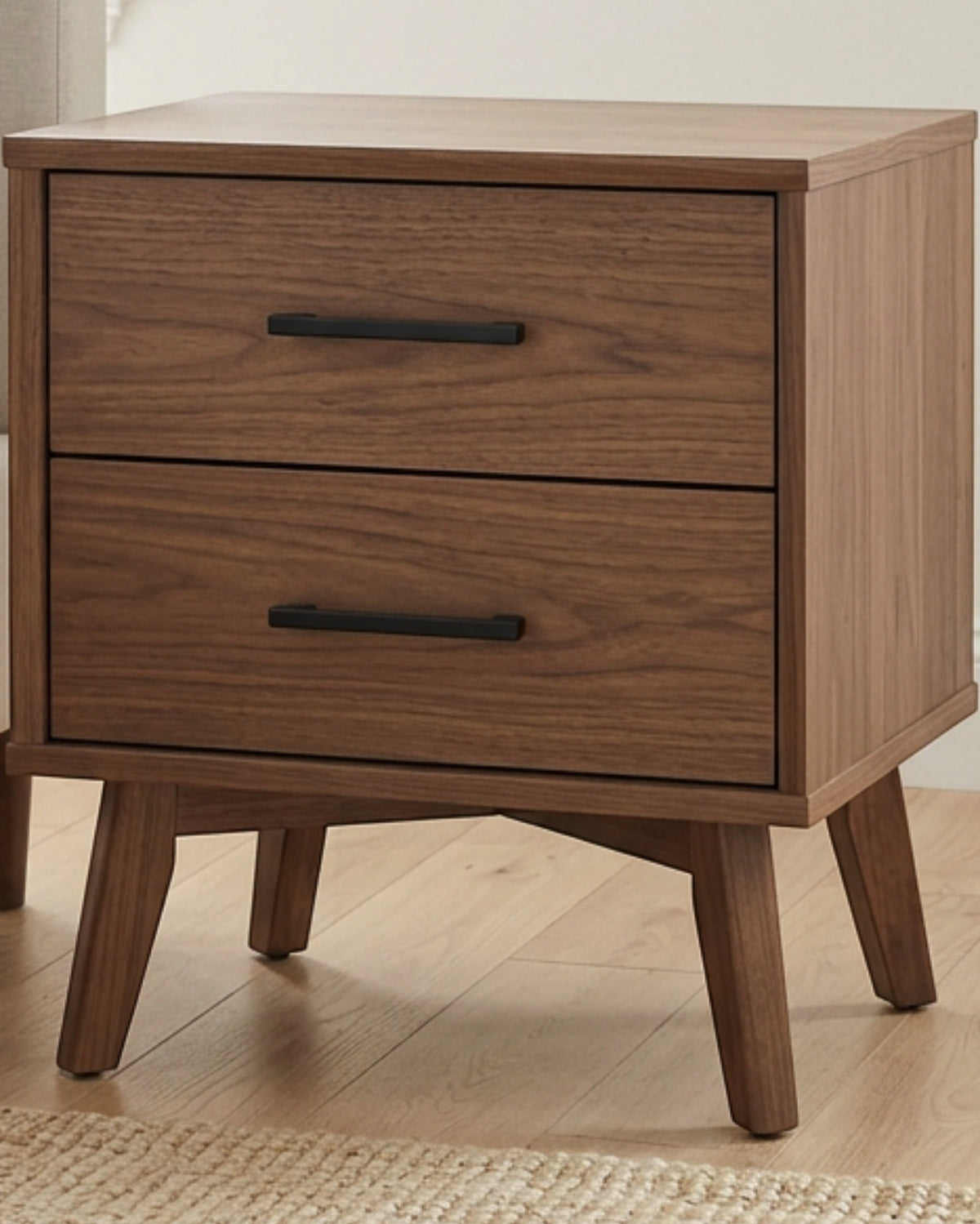 Gavro Two Drawer Walnut Nightstand Black Pulls - Lifestyle view
