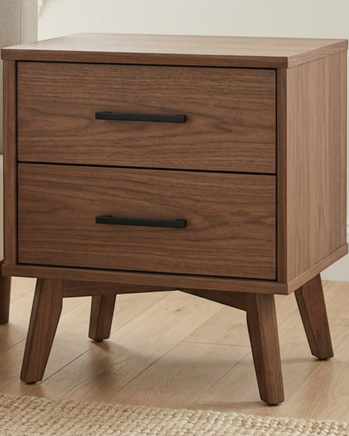 Gavro Two Drawer Walnut Nightstand Black Pulls - Lifestyle view